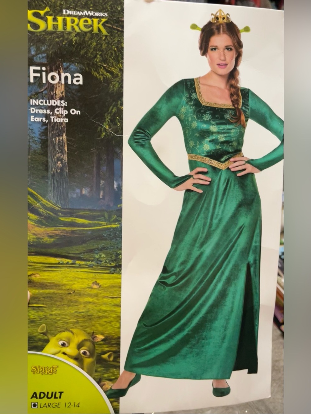 Dreamworks Shrek Fiona adult large green gold costume Dress tiara ears Halloween